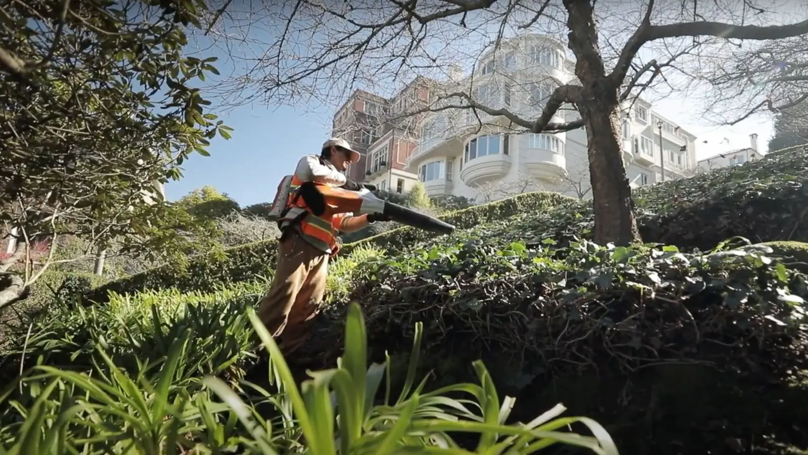 Rubicon crew member maintaining a terraced garden below a San Francisco building