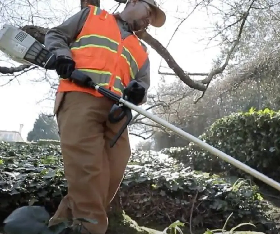 Rubicon crew member trimming plantings along a street